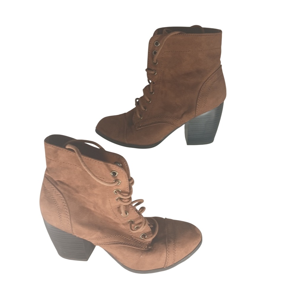 Charlotte‎ Russe Womens Lace Up Ankle Boots Brown Faux Suede Block Heel Size 7